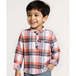 Babyhug Cotton Woven Full Sleeves Kurta Shirt with Checks - Coral & White-picture-25