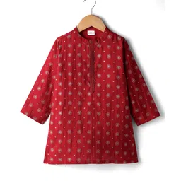 Babyhug Cotton Woven Full Sleeves Kurta with Floral Glitter Print - Red-picture-27