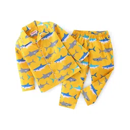 Babyhug Cotton Woven Full Sleeves Night Suit With Sharks Print - Yellow-picture-23