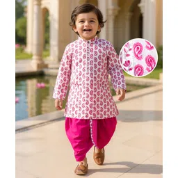 Babyhug Cotton Woven Full Sleeves Paisley Printed Kurta Dhoti Set - Pink-picture-11