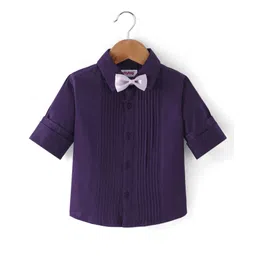 Babyhug Cotton Woven Full Sleeves Party Shirt Solid Colour with Pintuck Design & Bow - Purple-picture-22