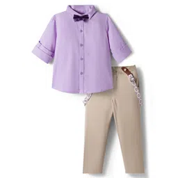 Babyhug Cotton Woven Full Sleeves Poplin Solid Party Shirt & Stretchable Trouser With Bow & Suspender - Purple & Cream-picture-26