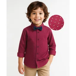 Babyhug Cotton Woven Full Sleeves Printed Party Shirt With Bow - Maroon-picture-25