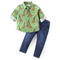 Babyhug Cotton Woven Full Sleeves Shirt & Denim Jeans Set With Giraffe Print - Green & Blue-picture-38