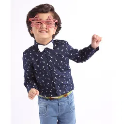 Babyhug Cotton Woven Full Sleeves Shirt with Bow All Over Print - Navy and Black-picture-11