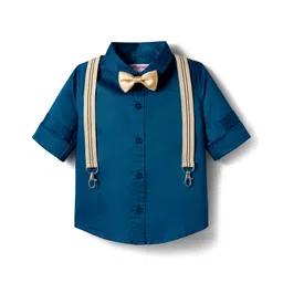 Babyhug Cotton Woven Full Sleeves Solid Color Shirt with Bow & Suspender - Blue-picture-26