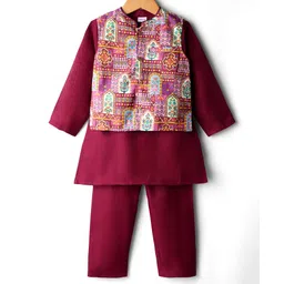 Babyhug Cotton Woven Full Sleeves Solid Kurta Pajama Set with Floral Motif Print Jacket - Maroon-picture-21