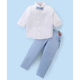 Babyhug Cotton Woven Full Sleeves Solid Party Wear Shirt & Trouser Set with Suspender & Bow - Sky Blue-picture-38