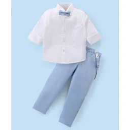 Babyhug Cotton Woven Full Sleeves Solid Party Wear Shirt & Trouser Set with Suspender & Bow - Sky Blue-picture-39