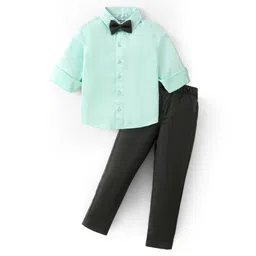 Babyhug Cotton Woven Full Sleeves Solid Shirt & Trouser Set with Bow & Suspender - Sea Green-picture-28