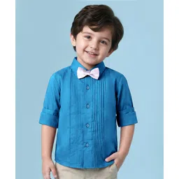 Babyhug Cotton Woven Full Sleeves Solid Shirt with Pintucks Detailing & Bow - Blue image 1