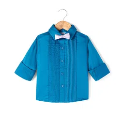 Babyhug Cotton Woven Full Sleeves Solid Shirt with Pintucks Detailing & Bow - Blue image 2