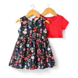 Babyhug Cotton Woven Half Sleeves Solid Color Shrug & Floral Printed Frock - Black & Red-picture-23