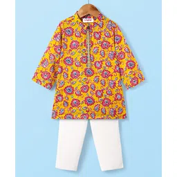 Babyhug Cotton Woven Mandarin Collar Full Sleeves Kurta Pajama Set With Floral Print - Yellow-picture-27