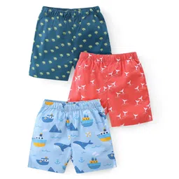 Babyhug Cotton Woven Regular Boxers Nautical & Sea Life Theme Print Pack of 3 - Blue & Red-picture-23