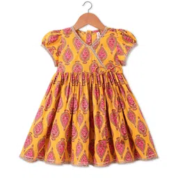 Babyhug Cotton Woven Short Puffed Sleeves Ethnic Dress with Floral Print & Lace Detailing - Yellow-picture-20