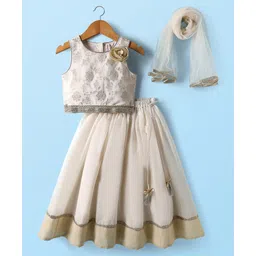 Babyhug Cotton Woven Sleeveless Floral Embroidered Choli & Lehenga Set With Dupatta - Off White-image-37