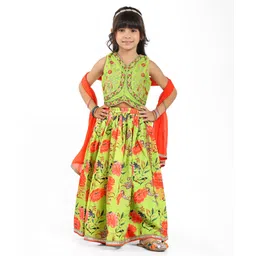 Babyhug Cotton Woven Sleeveless Floral Printed & Embroidered Choli Lehenga Set with Dupatta & Lace Detailing - Limegreen-image-43