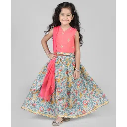 Babyhug Cotton Woven Sleeveless Floral Printed & Embroidered Choli Lehenga Set with Dupatta - Pink-image-40