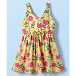 Babyhug Cotton Woven Sleeveless Frock With Floral & Cherry Print & Bow Applique - Yellow-picture-25