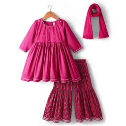 Babyhug Cotton Woven Three Fourth Sleeves Kurti Gharara Set with Dupatta Floral Print & Embroidery - Fuchsia-picture-10