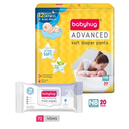 Babyhug Daily Rich Moisturising Milk Wipes 72 Pieces and Advanced Pant style Diaper NB-20 Pieces-picture-29