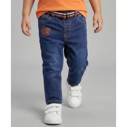 Babyhug Denim Full Length Washed Embroidered Jeans With Stretch & Belt - Navy Blue-picture-16