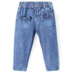 Babyhug Denim Full Length Washed Jeans With Bow Applique - Blue-picture-21