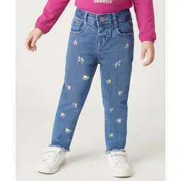 Babyhug Denim Full Length Washed Jeans With Stretch & Floral Embroidery - Blue-picture-10