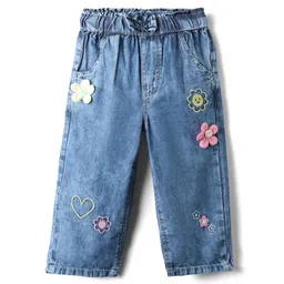 Babyhug Denim Full Length Washed Jeans with Stretch Bow & Floral Applique - Blue-picture-25