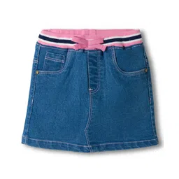 Babyhug Denim Mid Thigh Ribbed Waist Washed Skirt With Bow Applique - Blue-picture-28