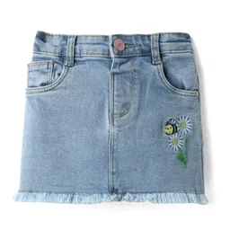 Babyhug Denim Mid Thigh Washed Skirts With Floral & Bee Embroidery - Light Blue image 1