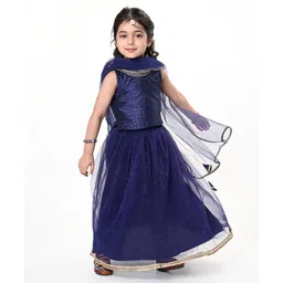 Babyhug Dobby Sleeveless Embroidered Choli With Shimmer Lehenga & Dupatta Set - Navy Blue-picture-17