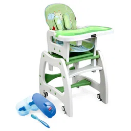 Babyhug Dolce Vita 3 in 1 High Chair With Caster Wheels & 5 Point Safety Harness - Green AND Babyhug Compartment Feeding Bowl With Lid & Spoon - Blue-picture-19