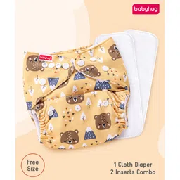 Babyhug Free Size Reusable Cloth Diaper with 2 Smart Dry Inserts Combo Bear Faces Print- Mustard Yellow-picture-10