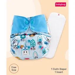Babyhug Free Size Reusable Contrast Flap Closure Cloth Diaper With Insert Multi Print - Blue-picture-25