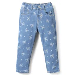 Babyhug Full Length Denim Jeans Washed with Stretch Heart & Bow Print - Blue-picture-18