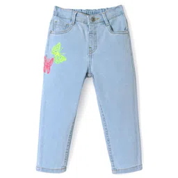 Babyhug Full Length  Denim Washed Jeans with Stretch Butterfly Embroidery - Light Blue-picture-25