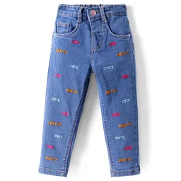 Babyhug Full Length Washed Denim Jeans With Text Embroidery & Stretch - Blue-picture-22