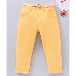 Babyhug Full Length Washed Solid Colour Jeans With Belt  With Mock Fly  - Yellow-picture-39