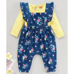 Babyhug Full Sleeves Cotton Tee With Dungaree Floral Print- Yellow Blue-picture-26