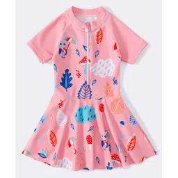 Babyhug Full Sleeves Frock Swimsuit Leaf Print- Pink-picture-20