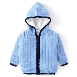 Babyhug Full Sleeves Front Open Hooded Cable Knit Sweater - Blue-picture-12