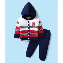 Babyhug Full Sleeves Hooded Front Open Sweater Set With Sports Stripe Design - White & Navy Blue-picture-12