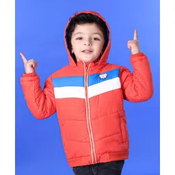 Babyhug Full Sleeves Hooded Jacket - Orange Blue & Off White-picture-28