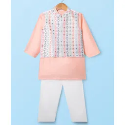 Babyhug Full Sleeves Kurta Pyjama Set With Embroidered Jacket - Peach-picture-22