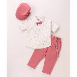 Babyhug Full Sleeves Musical Notes Printed Stretch Fit Party Shirt & Trousers with Cap & Bow - Peach & White-picture-12