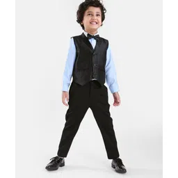 Babyhug Full Sleeves Solid Colour Party Shirt with Waistcoat & Bow - Black & Blue-picture-10