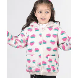 Babyhug Furr Woven Full Sleeves Strawberry Print Sweatjacket with Hood - Off White-picture-15