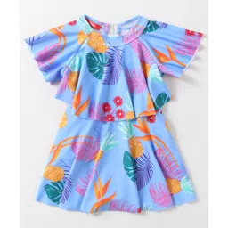 Babyhug Half Flutter Raglan Sleeves Frock Swimsuit with Floral Print - Light Blue-picture-22
